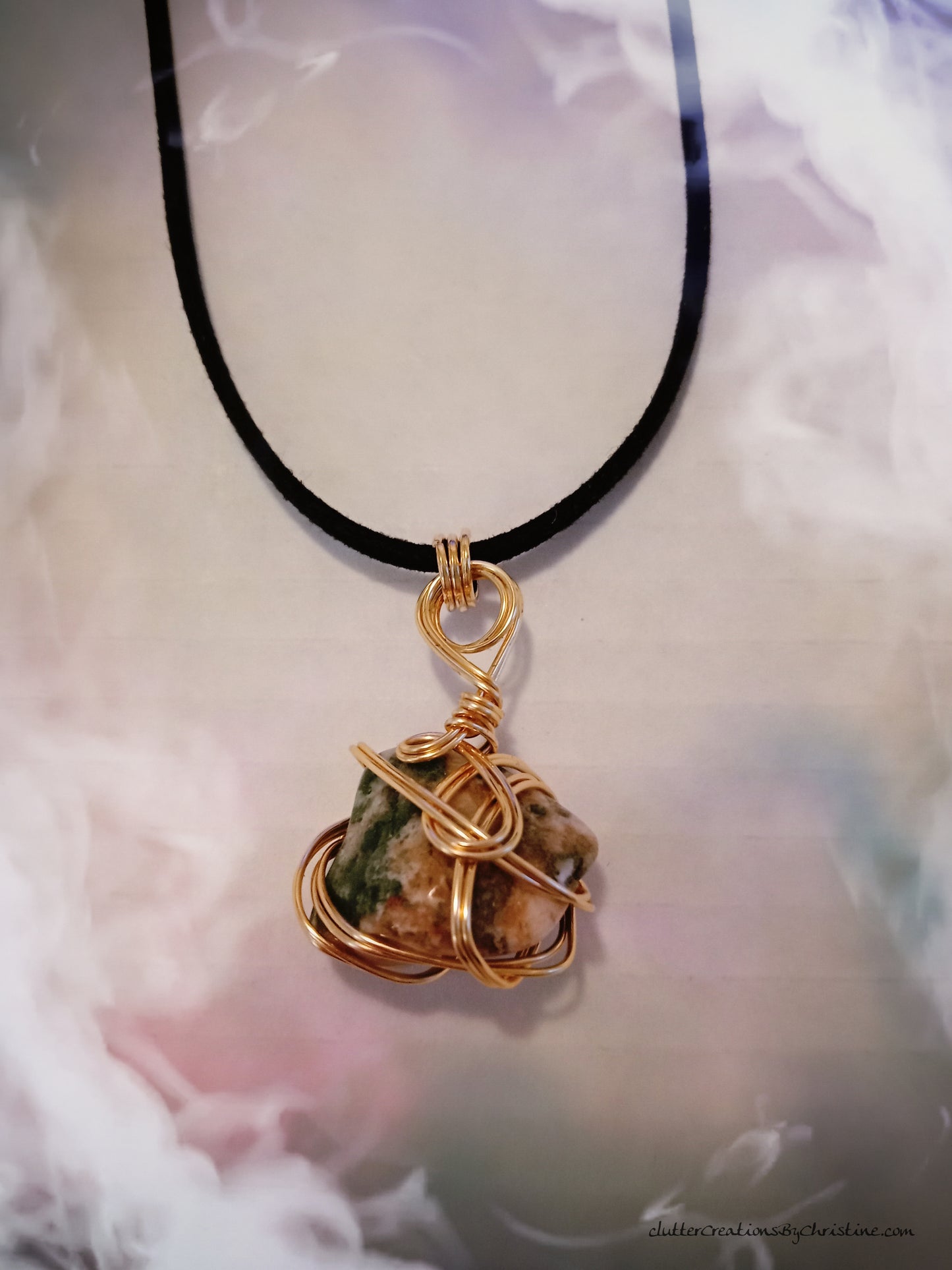 Handmade Tarnish-Resistant Gold Copper Wire Wrapped Genuine Gemstone Necklace. The 22-inch vegan suede lace adds a touch of sophistication to this one-of-a-kind piece!